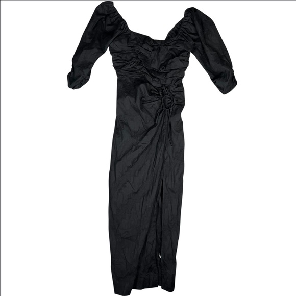 Free People Dress Womens XS Looking Stunning Black Puff Sleeve Slit Ruched Midi - Picture 3 of 10